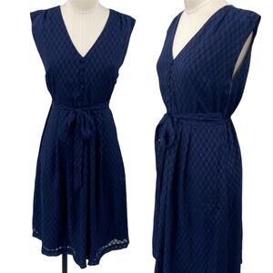 Modcloth Fit & Flare Shirt Dress Belted Geometric Pattern V Neck Navy Blue Small